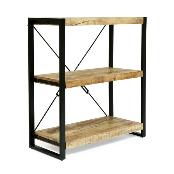 GDF Studio Warthen Modern Industrial Handmade Mango Wood 3 Shelf Etagere Bookcase, Natural and Black