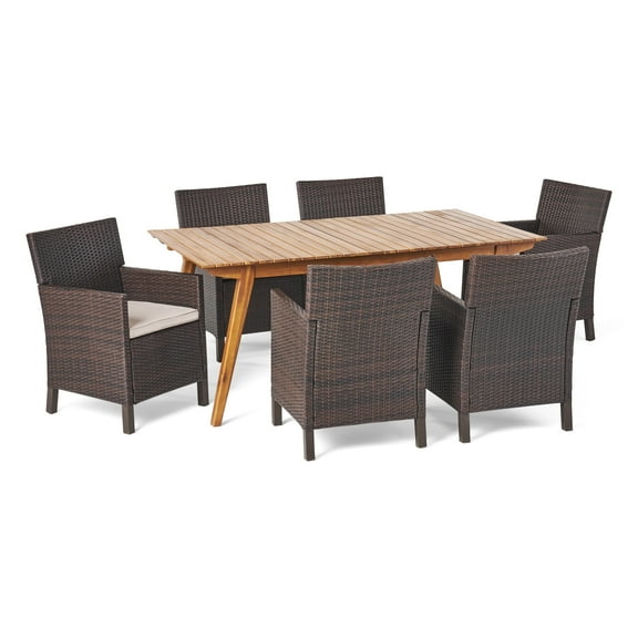 GDF Studio Welland Outdoor Wicker and Acacia Wood 7 Piece Dining Set with Cushion, Teak, Multibrown, and Light Brown