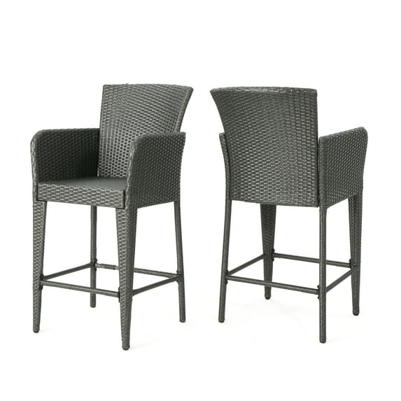 GDF Studio Welmas Outdoor Wicker 28 Inch Barstool, Set of 2, Gray