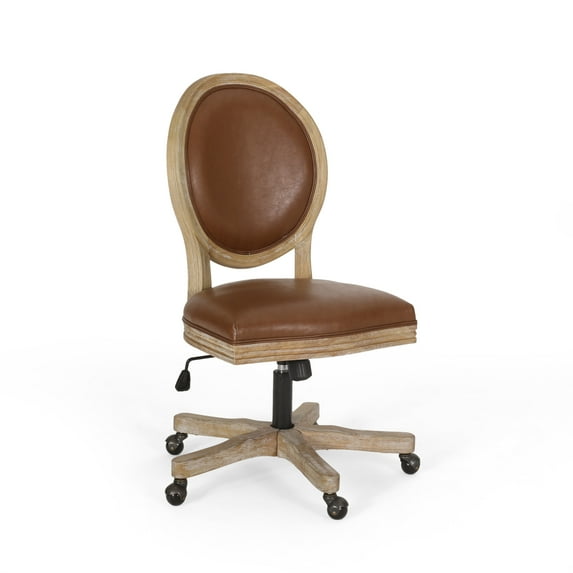 GDF Studio Westby French Country Upholstered Swivel Office Chair, Cognac Brown Faux Leather and Natural