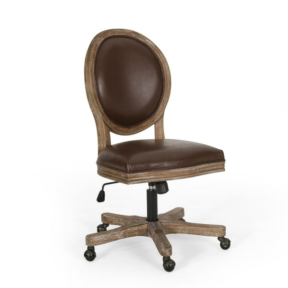 GDF Studio Westby French Country Upholstered Swivel Office Chair, Dark Brown Faux Leather and Natural