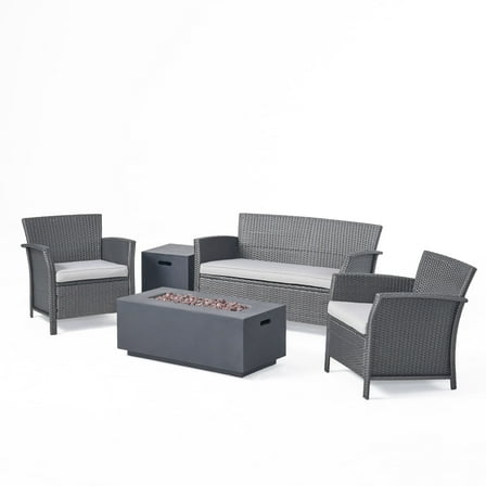 GDF Studio Wetherill Outdoor Wicker 4 Seater Chat Set with Fire Pit, Gray, Light Gray, and Dark Gray