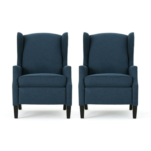 GDF Studio Weyland Contemporary Fabric Pushback Recliner, Set of 2, Navy Blue and Dark Brown