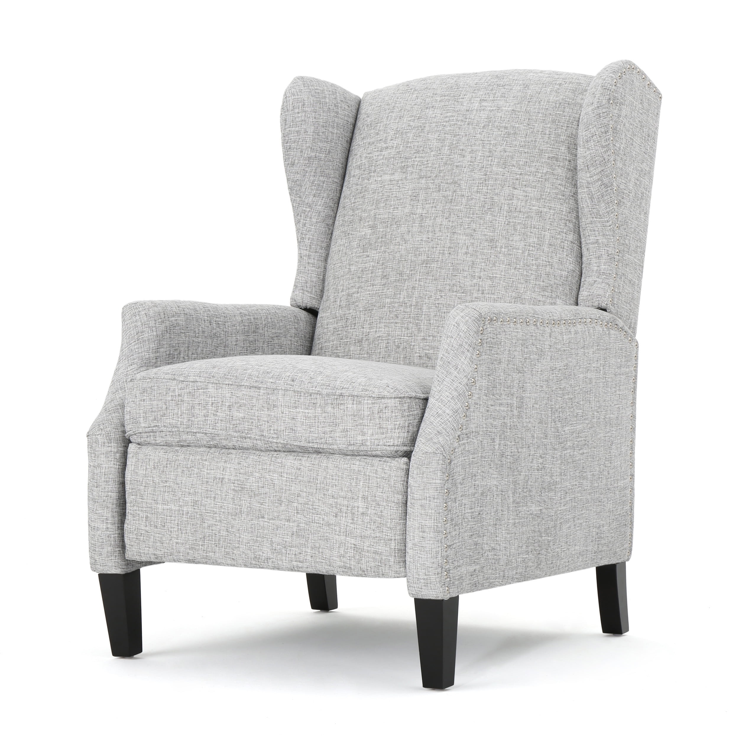 Handcrafted Light Grey Tweed Wingback Recliner with Studded Accents