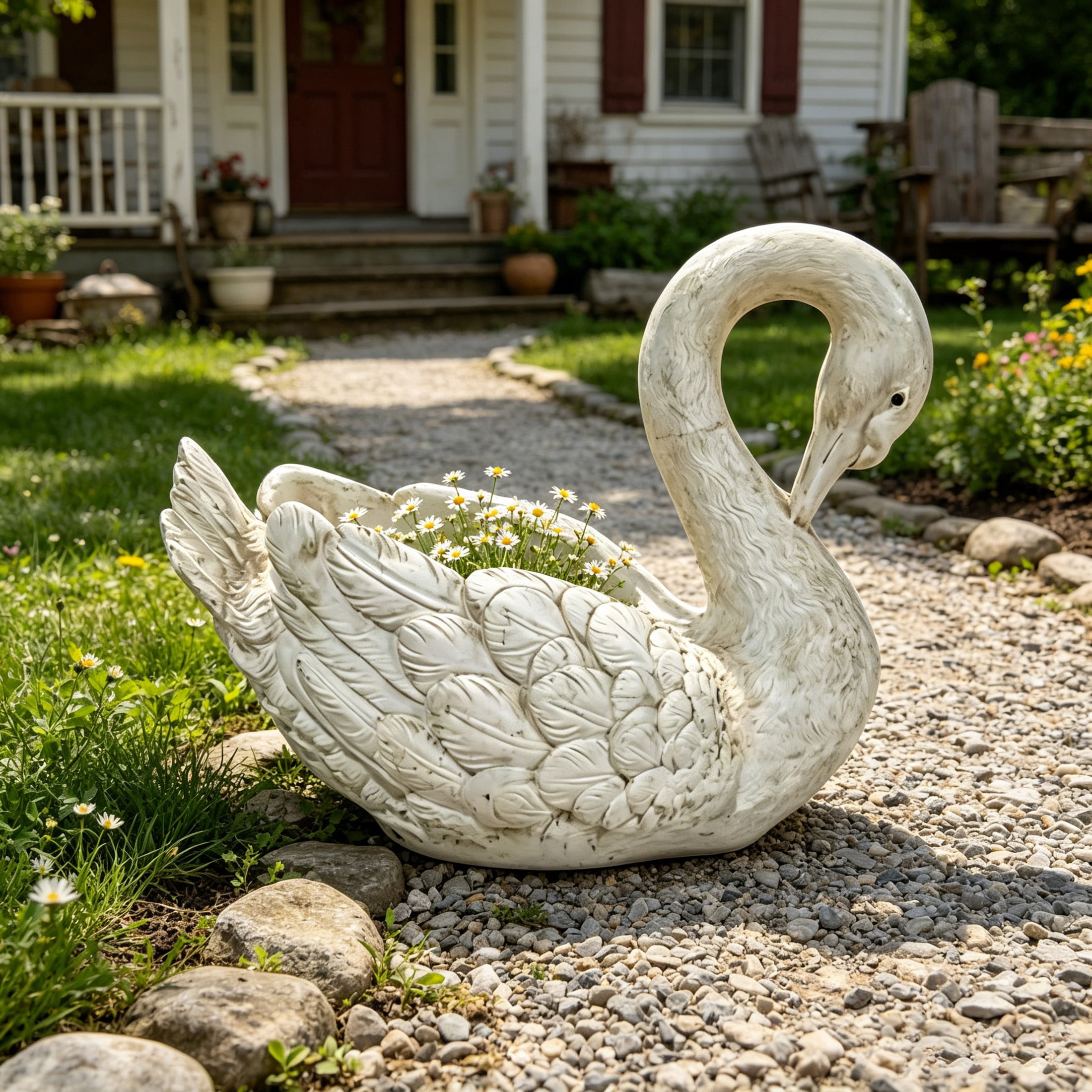 GDF Studio White Swan Statue Planter, Weather-Resistant Resin Garden Flower Pot Sculpture for Pond Patio Lawn Backyard