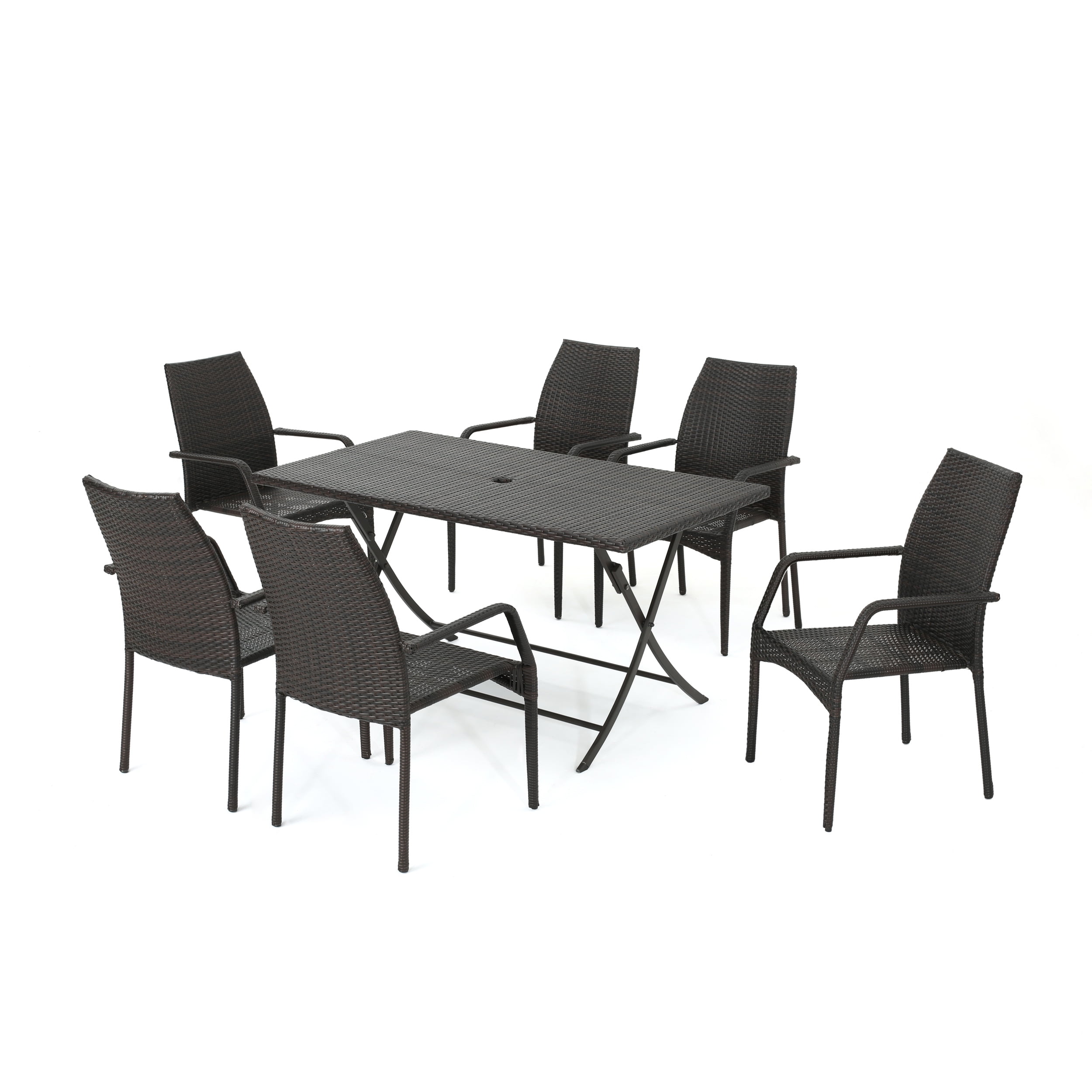 Multibrown Wicker and Iron 6-Person Outdoor Dining Set with Foldable Table
