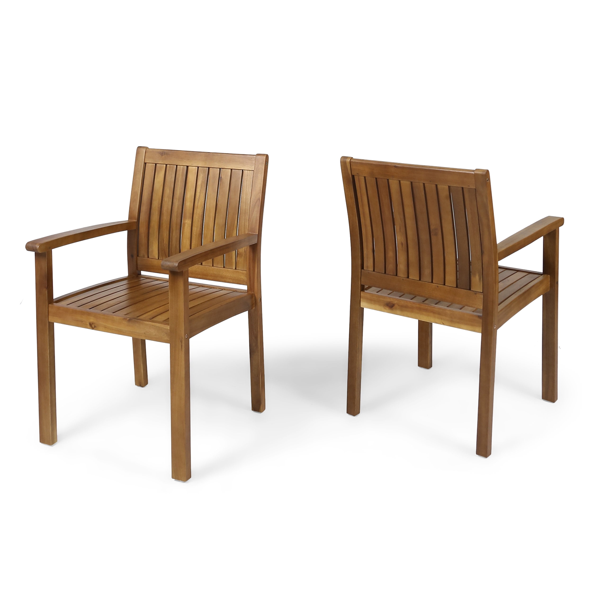 Teak Finish Acacia Wood Outdoor Dining Chairs, Set of 2