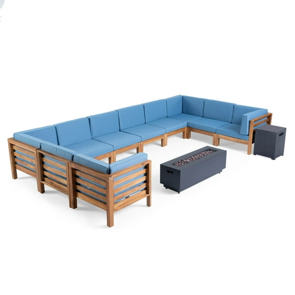 GDF Studio Wiltz Outdoor Acacia Wood 10 Seater Sectional Sofa Set with Fire Pit, Teak, Blue, and Dark Gray