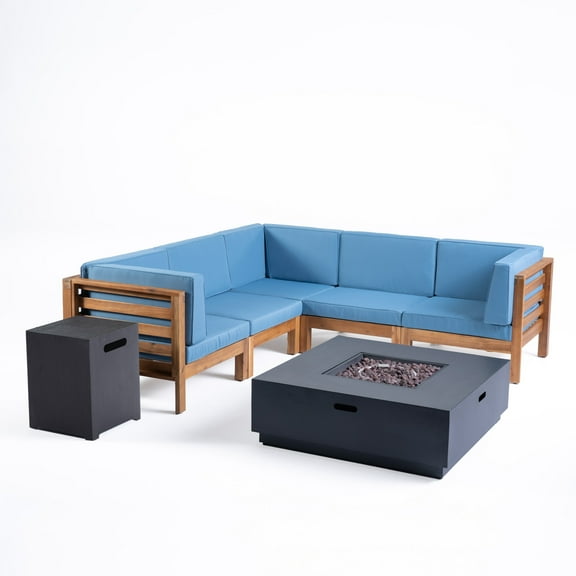GDF Studio Wiltz Outdoor Acacia Wood 5 Seater Sectional Sofa Set with Fire Pit, Teak, Blue, and Dark Gray