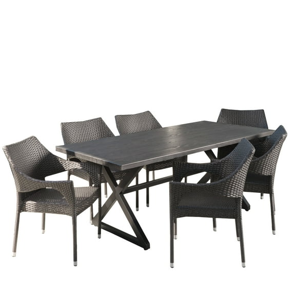 GDF Studio Yupon Outdoor Wicker and Aluminum 7 Piece Dining Set, Gray and Black