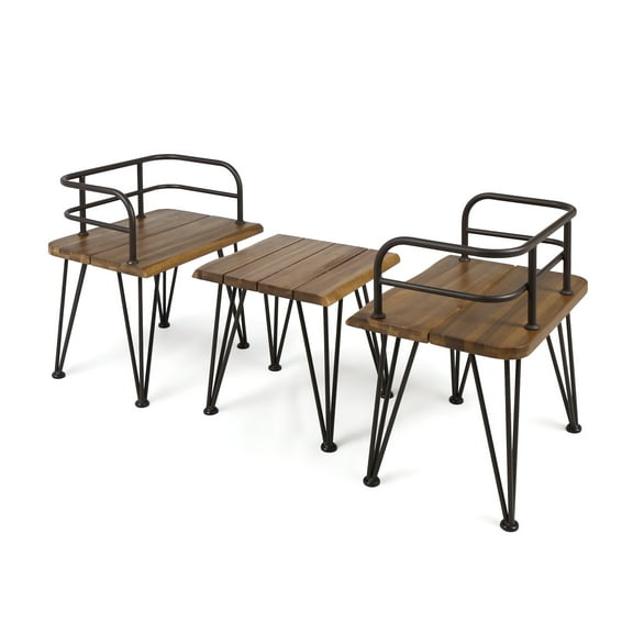 GDF Studio Zach Outdoor Industrial 3 Piece Teak Finish Acacia Wood Chat Set with Iron Frame