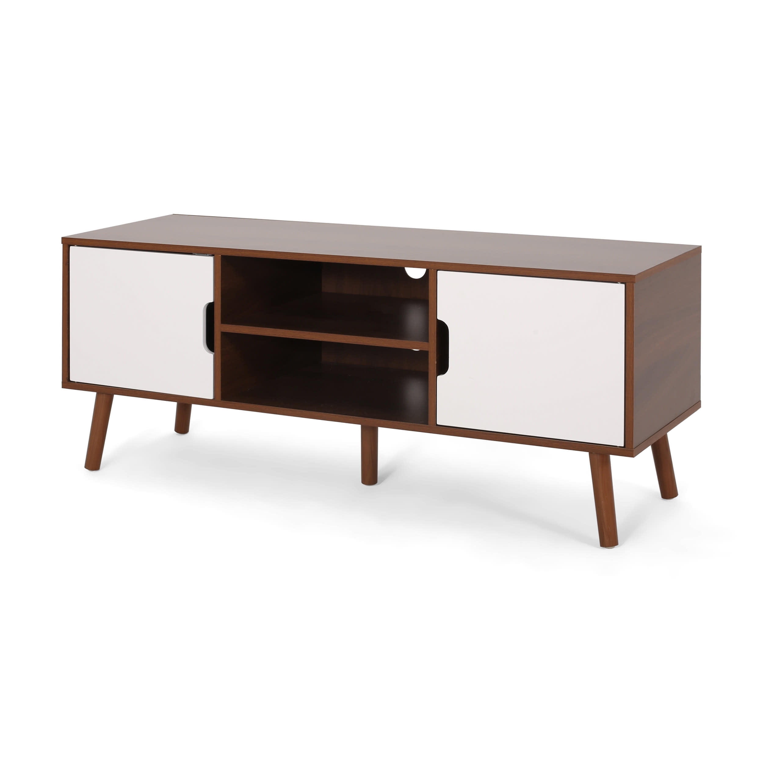 Walnut and White Mid-Century Modern TV Stand with Cabinet