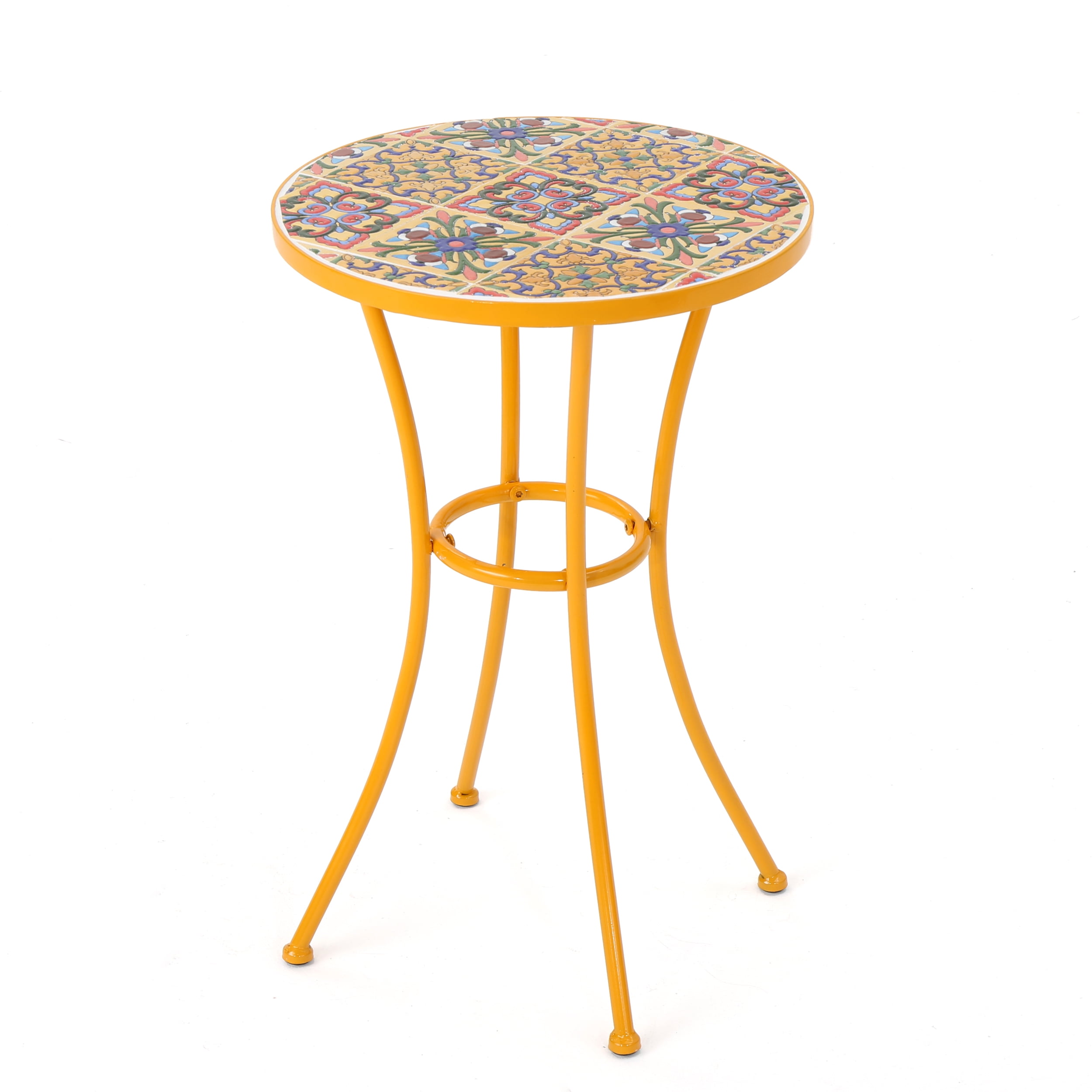 Yellow Ceramic Tile Mosaic Outdoor Side Table with Iron Frame