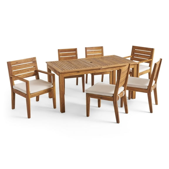 GDF Studio Zeila Outdoor Acacia Wood 7 Piece Expandable Dining Set, Sandblasted Natural and Beige