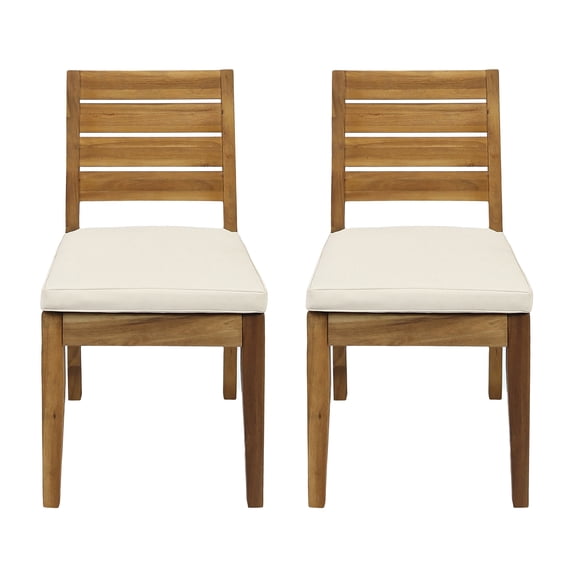 GDF Studio Zeila Outdoor Acacia Wood Dining Chair with Cushions, Set of 2, Sandblasted Natural Brown, Beige