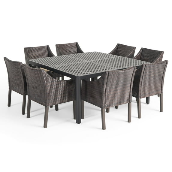 GDF Studio Zeno Outdoor Aluminum and Wicker 9 Piece Dining Set with Cushion, Matte Black, Multibrown, and Beige