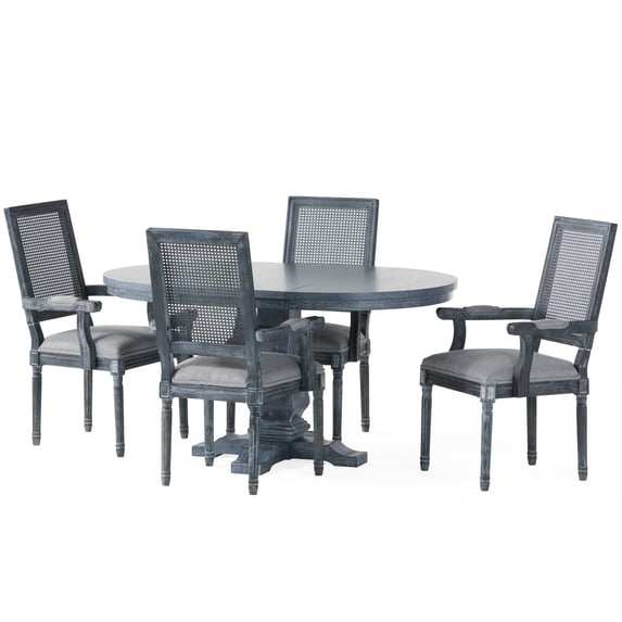 GDF Studio Zentner French Country Fabric Upholstered Wood and Cane 5 Piece Expandable Dining Set, Gray