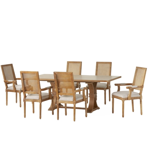 GDF Studio Zentner French Country Fabric Upholstered Wood and Cane 7 Piece Expandable Dining Set, Natural and Beige