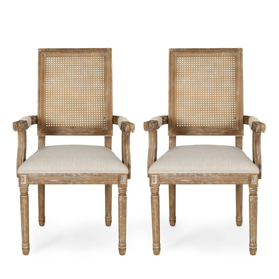 GDF Studio Zentner French Country Upholstered Wood and Cane Upholstered Dining Chairs, Set of 2, Beige and Natural