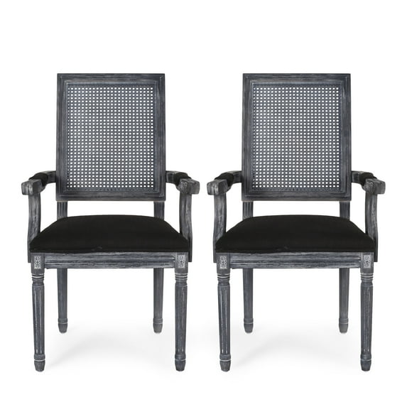 GDF Studio Zentner French Country Upholstered Wood and Cane Upholstered Dining Chairs, Set of 2, Black and Gray