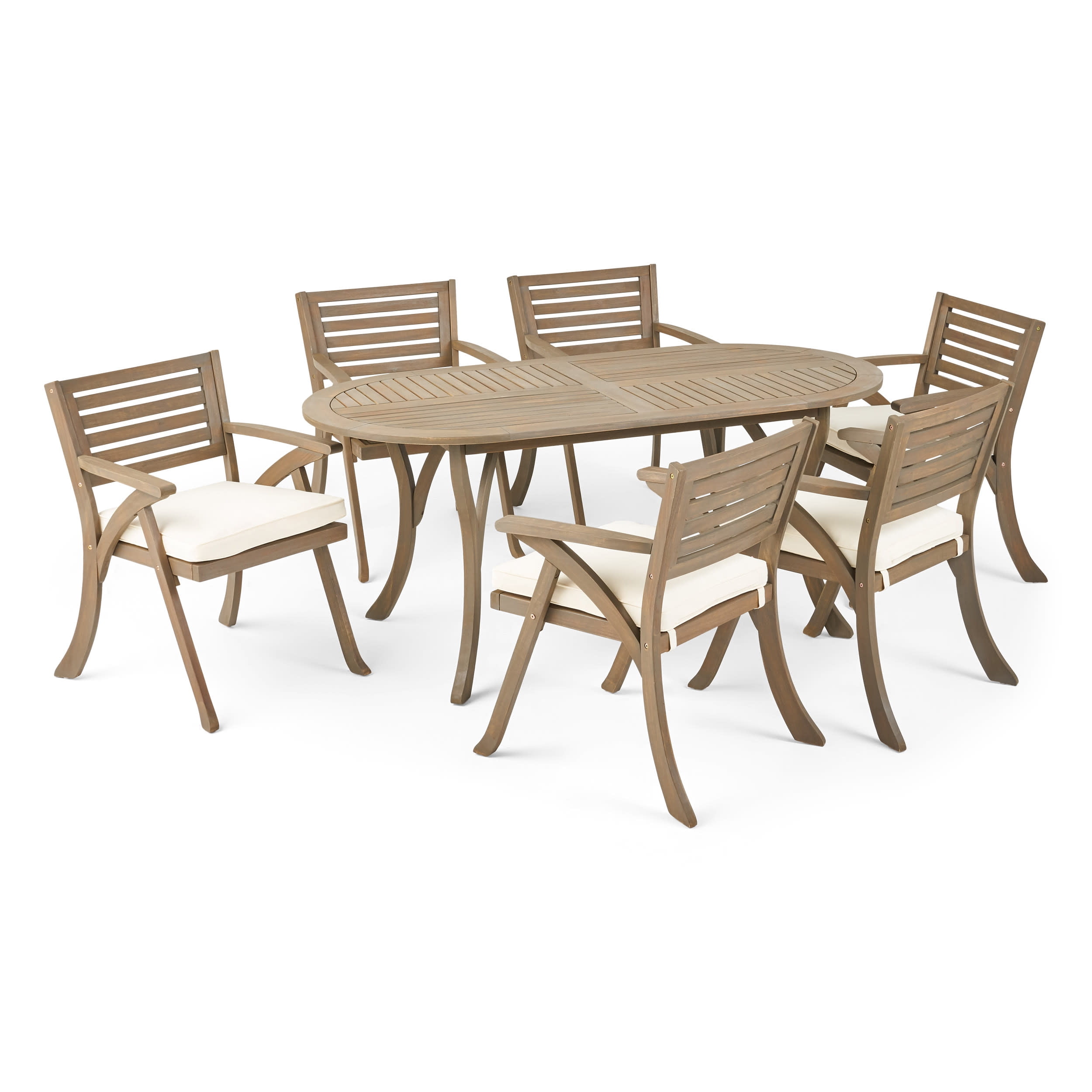 Gray Acacia Wood 6-Person Outdoor Dining Set with Cream Cushions