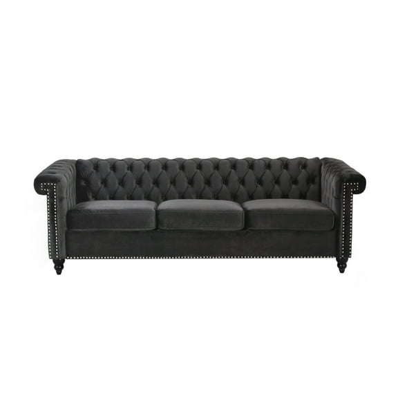GDF Studio Zyiere Tufted Chesterfield 3 Seater Sofa, Black Velvet and Dark Brown