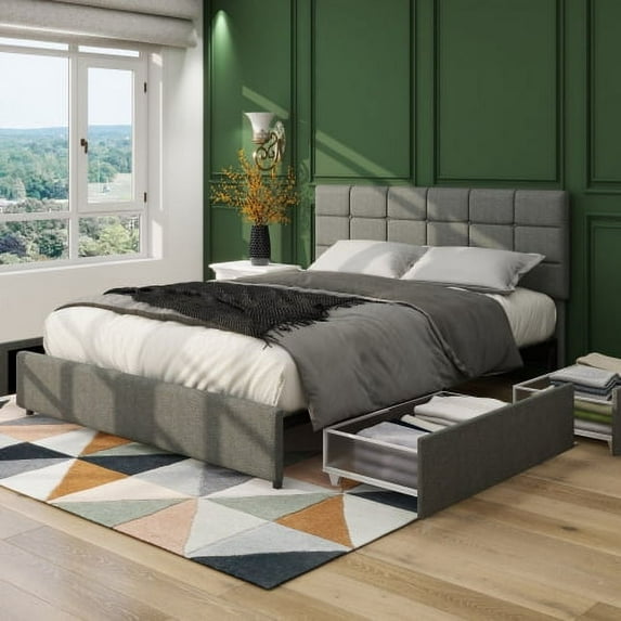GDF Studio Vera Full Size Linen Upholstered Platform Bed with 4 Drawers Storage, Gray