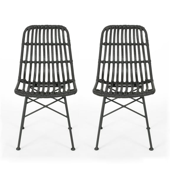 GDFSTUDIO Jessie Outdoor Wicker Dining Chairs (Set of 2), Gray and Black