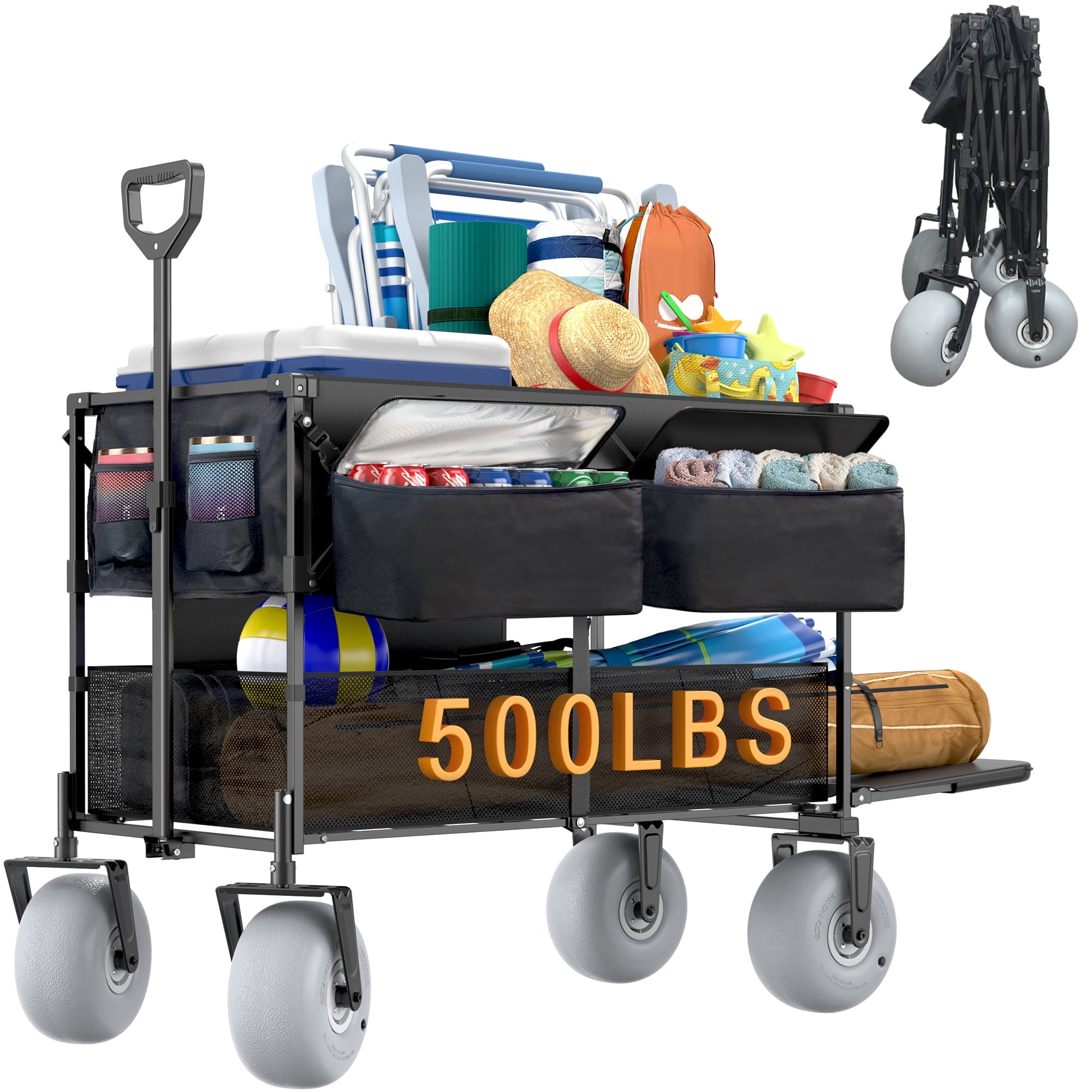 GDLF Beach Wagon, Double Decker Utility Cart with 500lb Capacity & 9" All-Terrain Balloon Tires, Collapsible Heavy Duty Buggy for Camping, Sports, Groceries