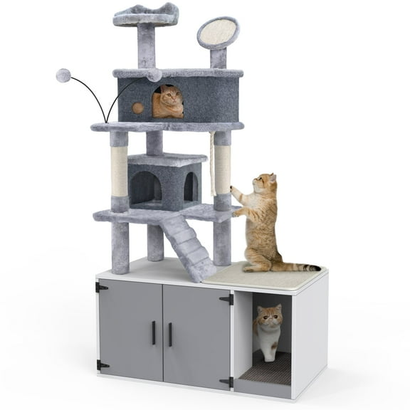 GDLF Cat Litter Box Enclosure Hidden Washroom Tower All-In-One Tree Condo, Grey