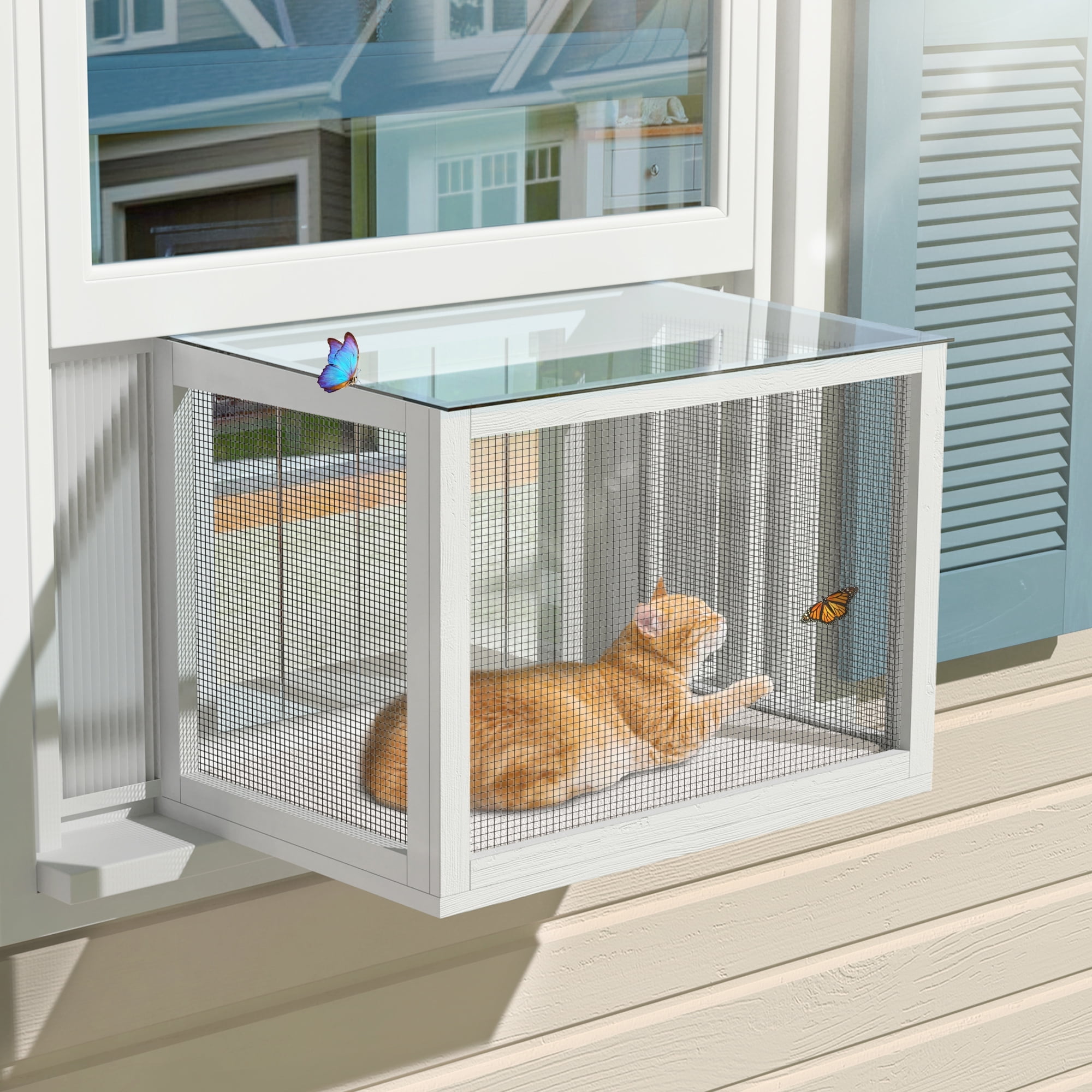 White Waterproof Double Hung Cat Window Catio with Acrylic Roof