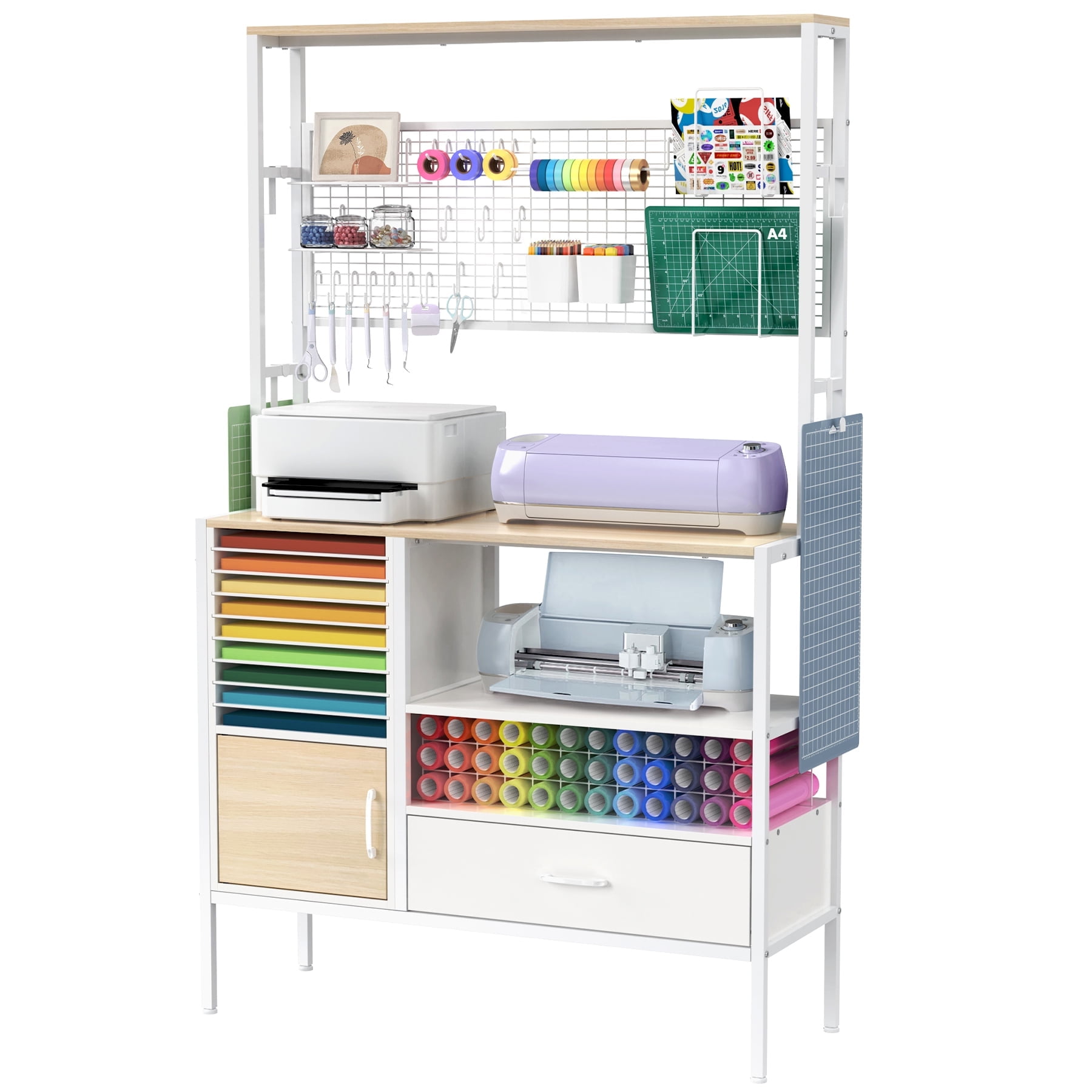 GDLF Craft Storage Cabinet Compatible with Cricut Machines, Supports Simultaneous Use of 2 Cutting Machines & Printer, Large Craft Organizer with Drawer