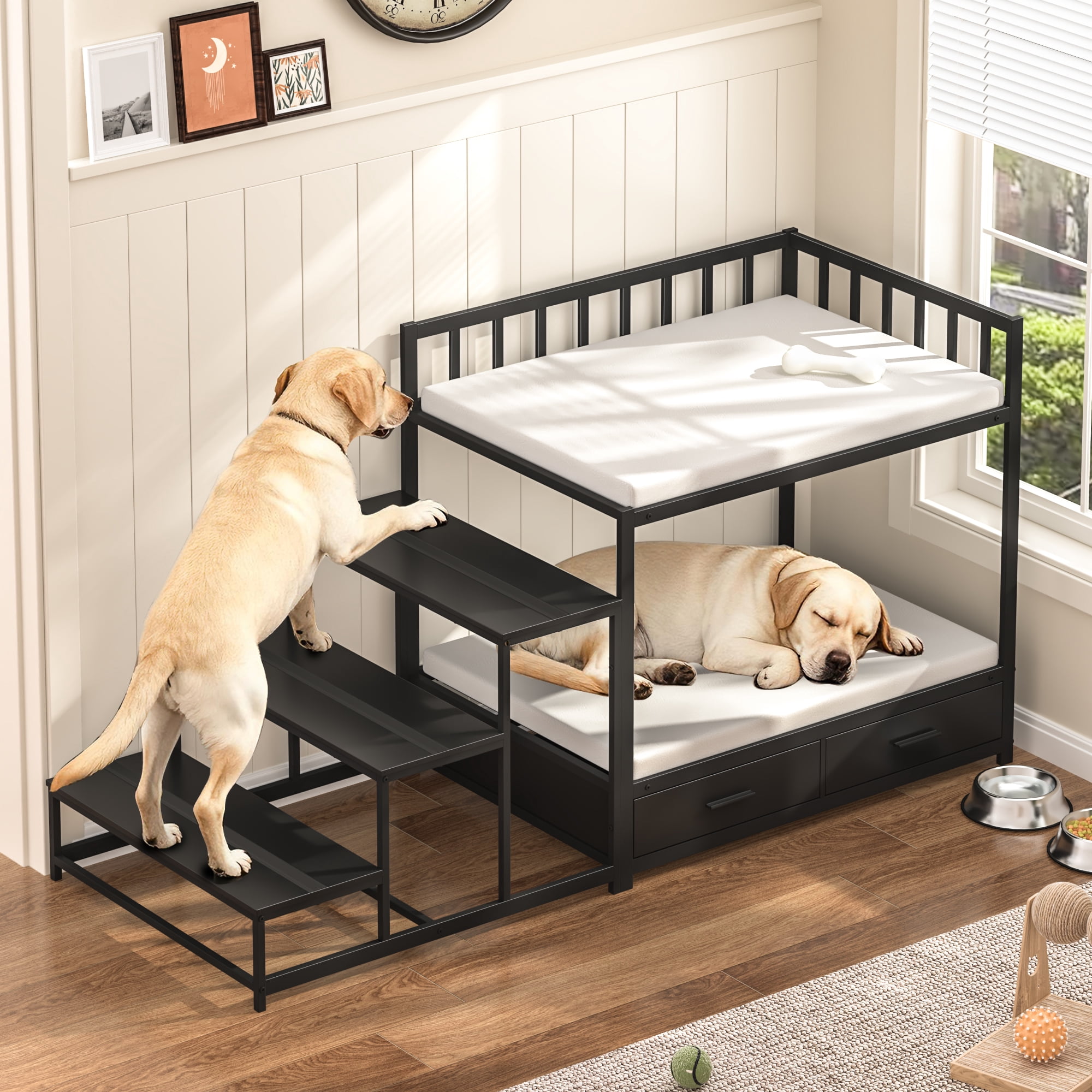 GDLF Dog Bunk Beds for Large Dogs, Dog Bedside Bed with Stairs & Storage, Space-Saving Indoor Pet Furniture