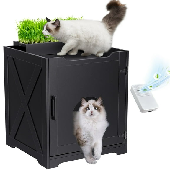 GDLF Hidden Cat Litter Box Enclosure with Easy to Grow Cat Grass
