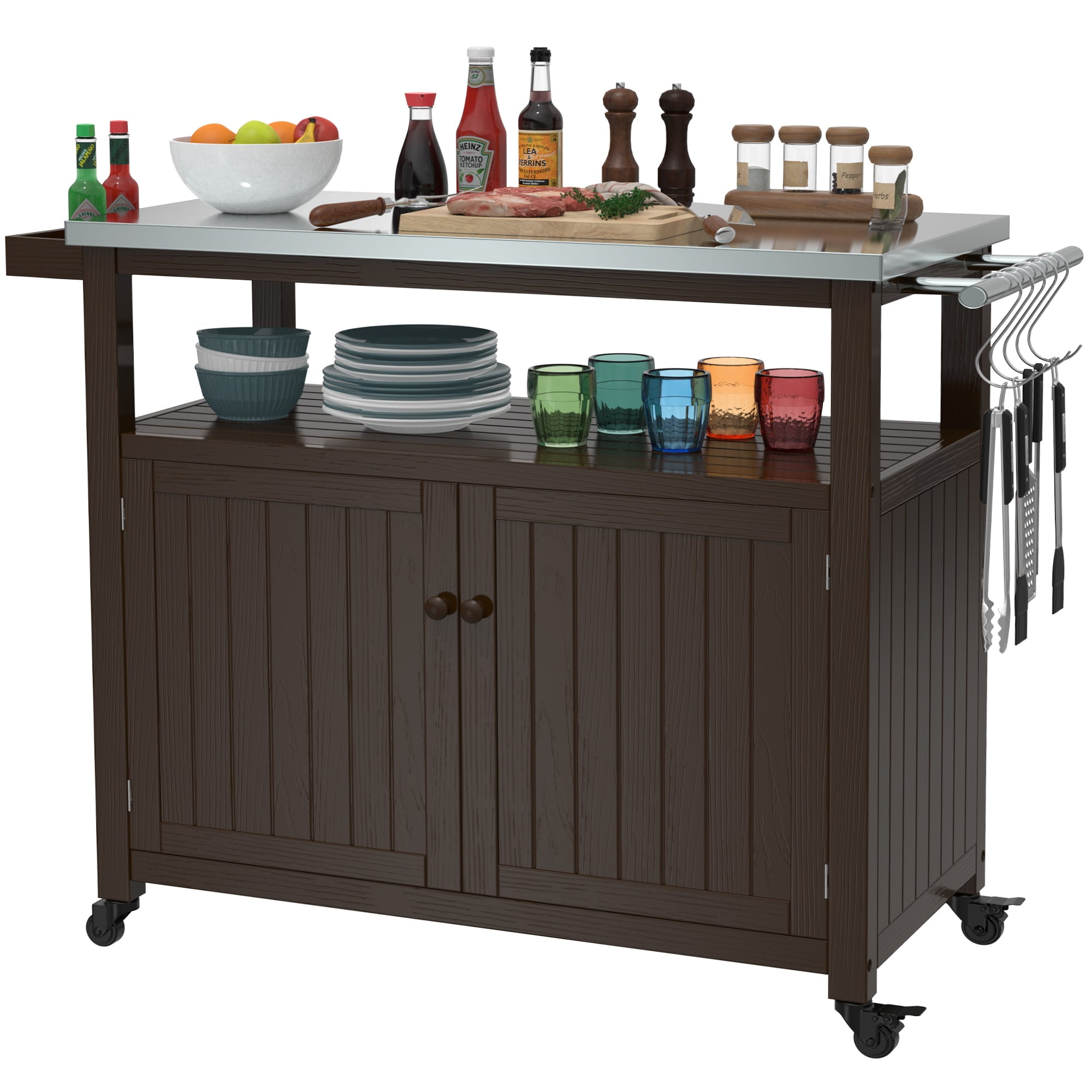GDLF BBQ Prep Table with Storage, Wheels & Steel Top, Outdoor Serving