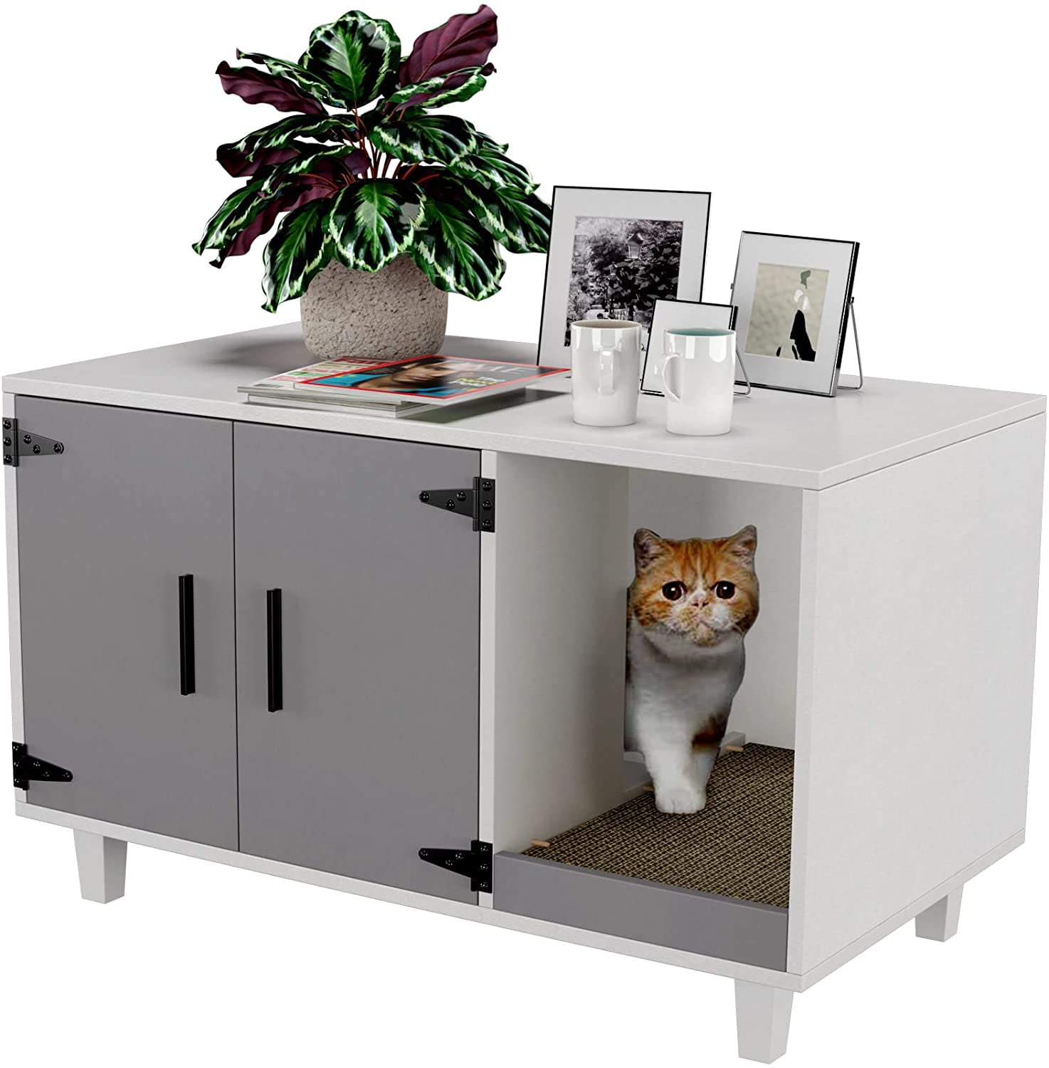 Modern Gray and White Wood Cat Litter Box Enclosure Table