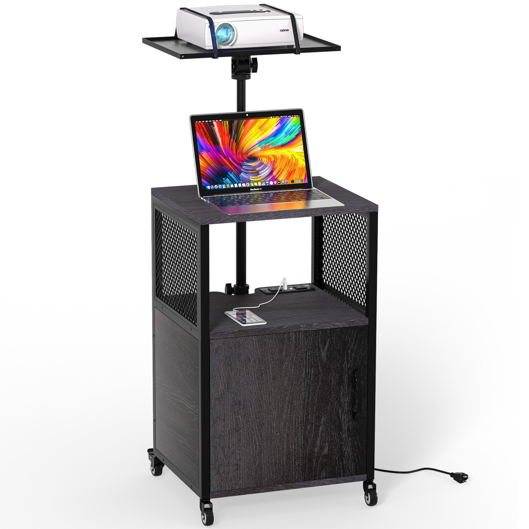 Adjustable Height Black MDF and Steel Projector Cart
