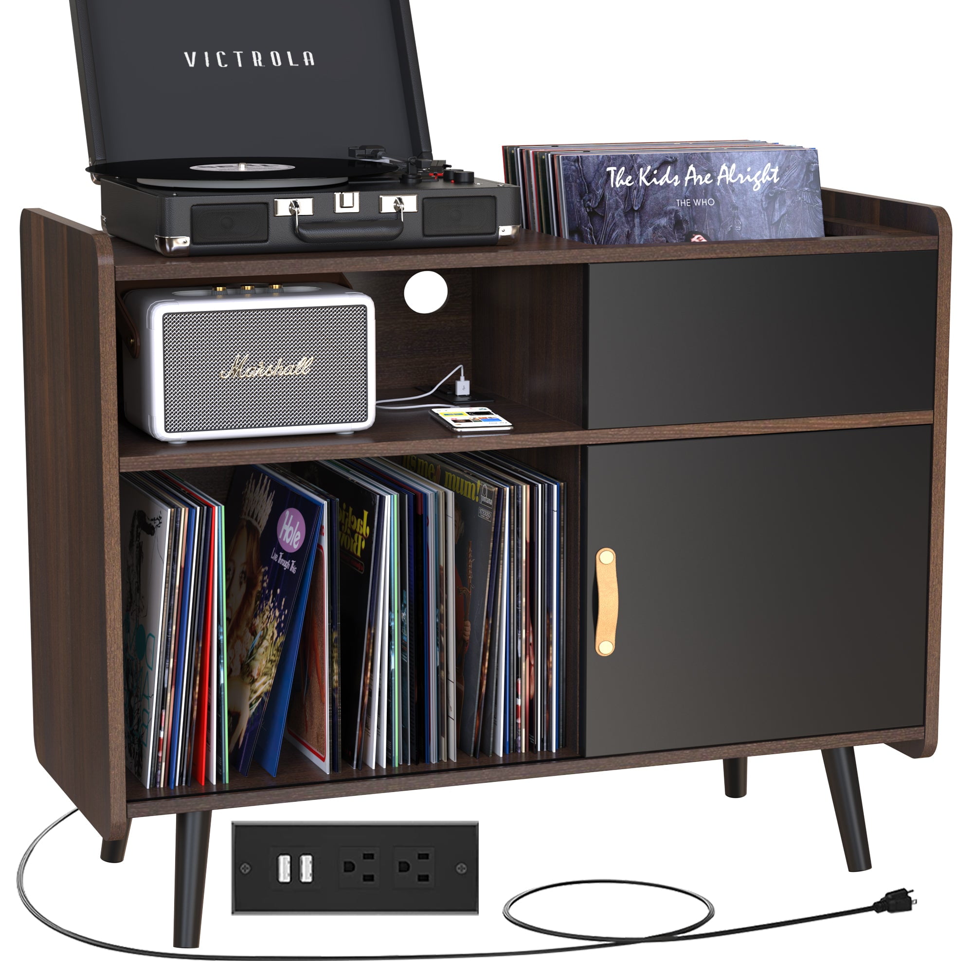 Mid-Century Modern Matte Black and Brown Record Player Cabinet