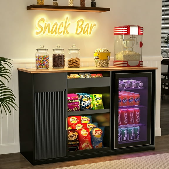 GDLF Snack Bar Cabinet with Fridge Space, Snack Organizer with Storage and Candy Display Shelf, Coffee Station for Home Theater or Game Room, 51.2", Black