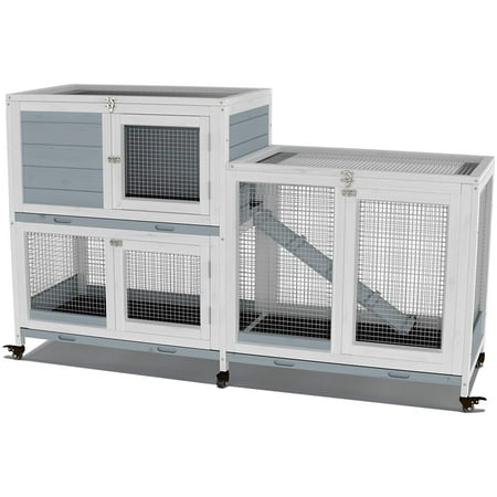 GDLF Two Floors 58" Wooden Indoor Rabbit Guinea Pig Pet Cage on Wheels Waterproof
