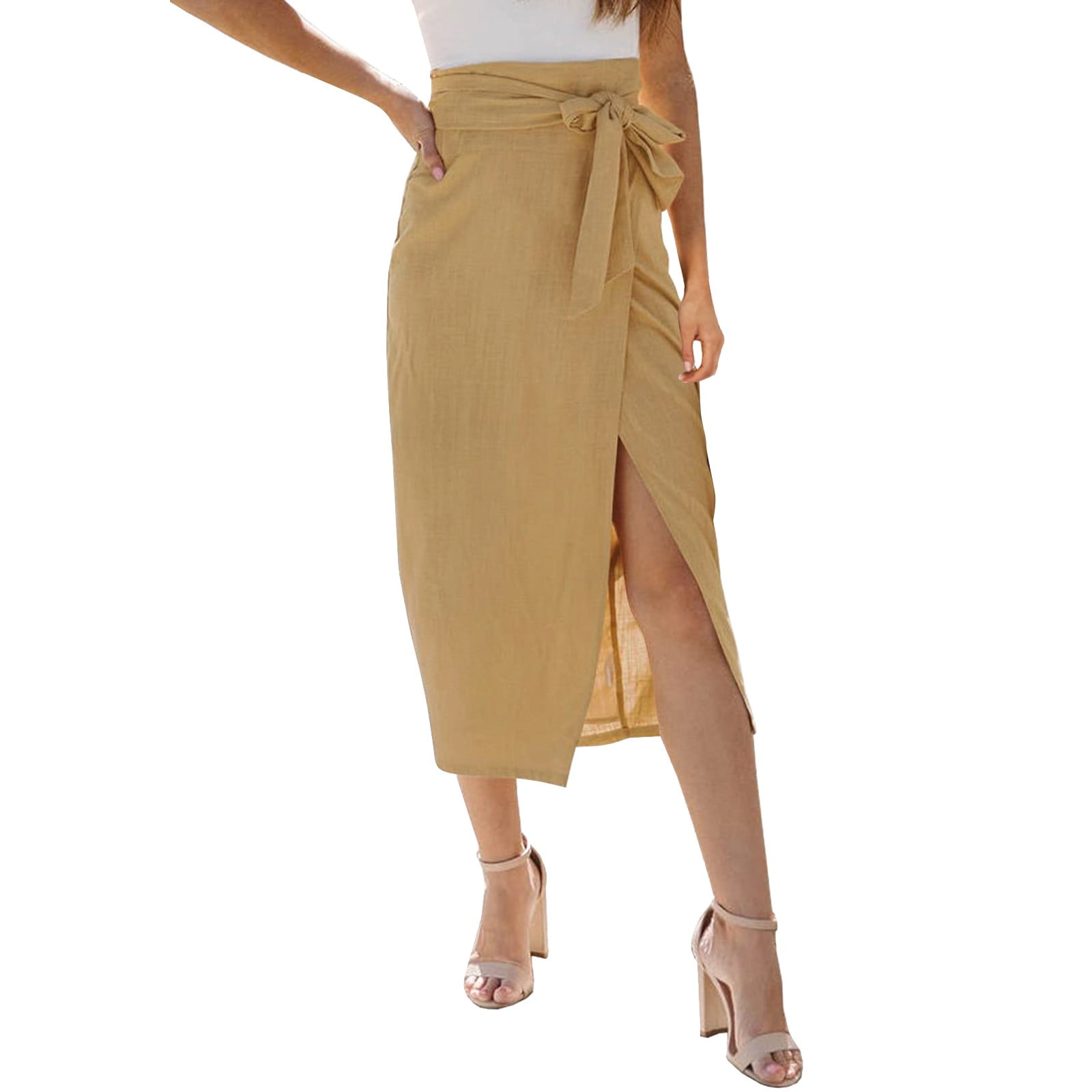 GDREDA Pleated Skirt Womens High Waisted Tie Wrap Midi Skirts Chic Side