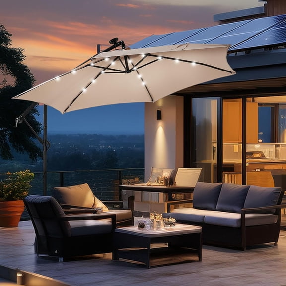 GDY 10 ft Cantilever Offset Outdoor Patio Umbrella with 24 LED Ligths, with Cross Base and Stand bags, Easy Tilt Adjustment, Khaki