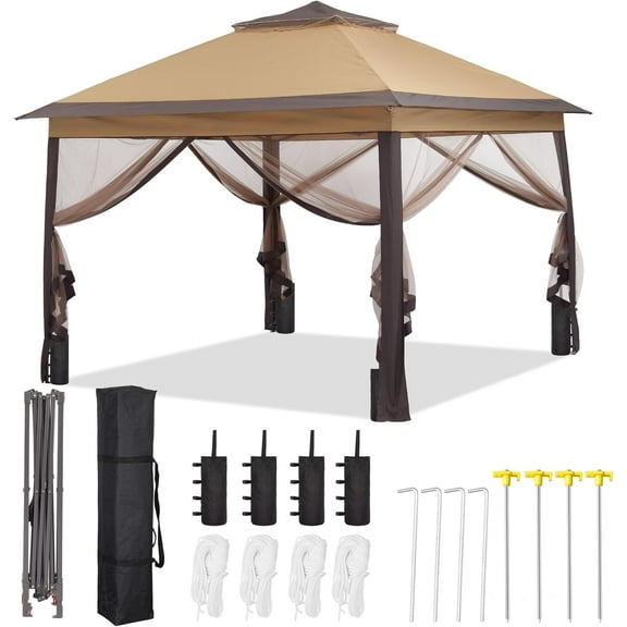 GDY 11x11 ft Patio Gazebo with Mosquito Netting, Double top, Garden, Yard, Grassland, Brown.