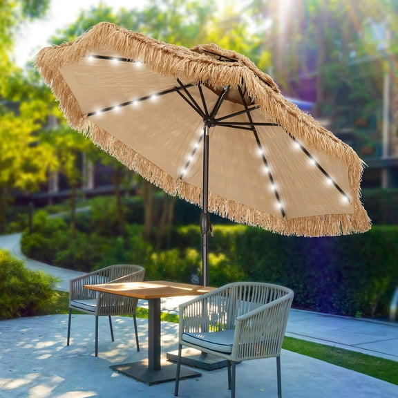 GDY 9 ft 2-Tier Solar Tiki Umbrella, 32 LED Ligths Hula Thatched Tiki Umbrella, Straw Umbrella, Pool, Patio, Beach