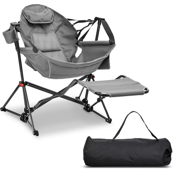 GDY Camping Chairs, Oversized Hammock, Folding Rocking, Adjustable Back Swing Chairs, Cup Holder, Outdoor Beach Lawn, Gray.