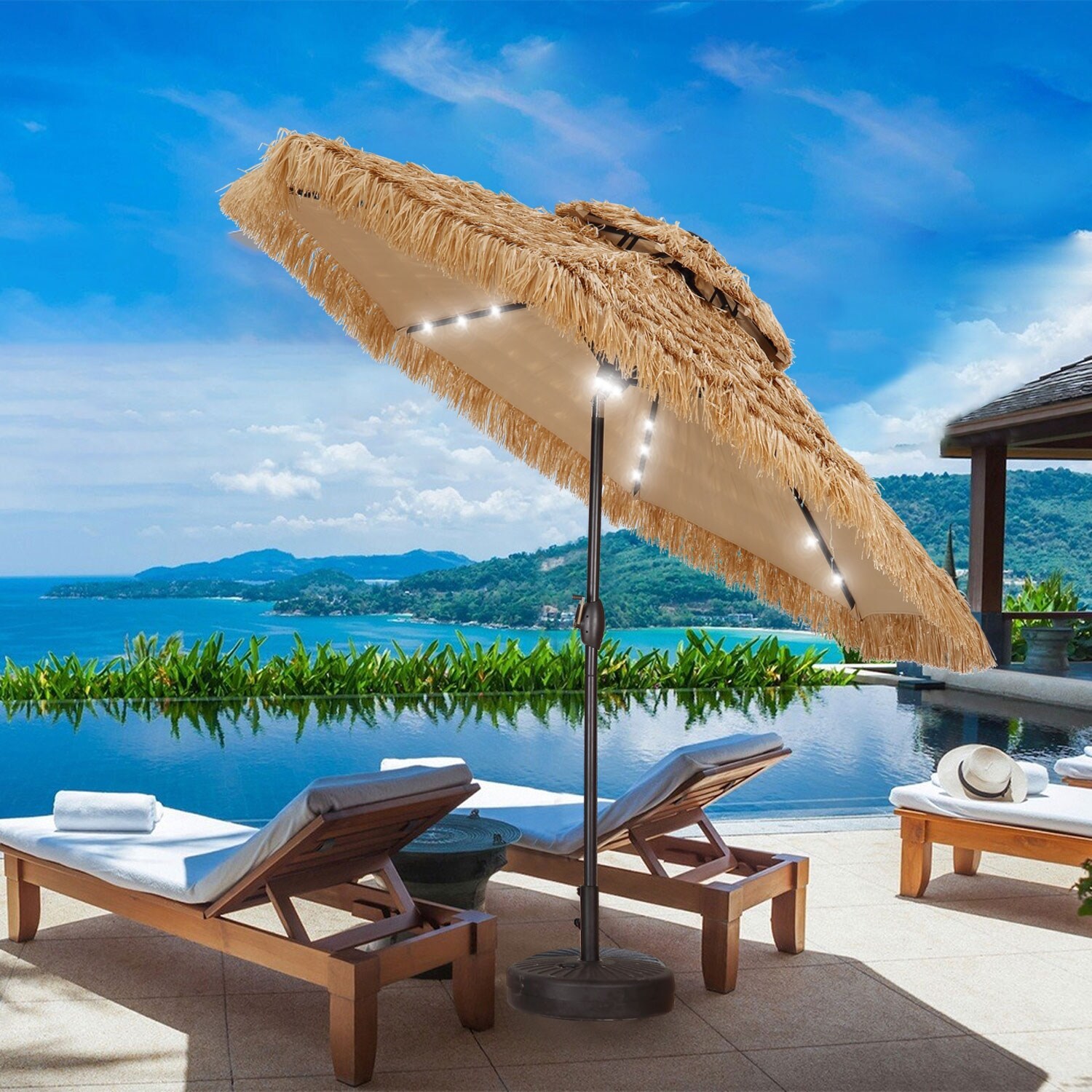 GDY Double Top Thatched Tiki Umbrella Outdoor Pool Patio Beach Umbrella