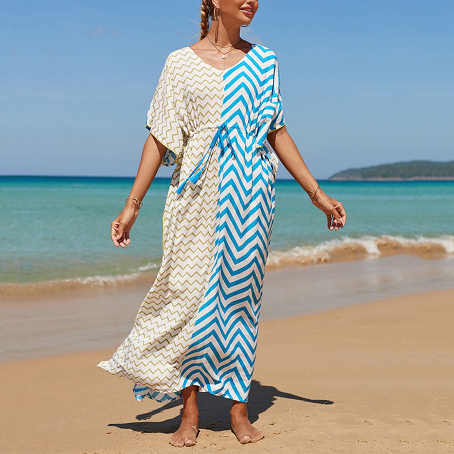 GDfun European And American Cotton Printed Wave Printed Beach Cover Up Loose Robe Style Vacation