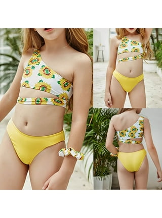 Anjikang Women Two Piece Swimsuits Cute Sunflower High Waisted Bikini Set  Tie Knot Ruched Tummy Control Bathing Suits with Bottom, Black, X-Large