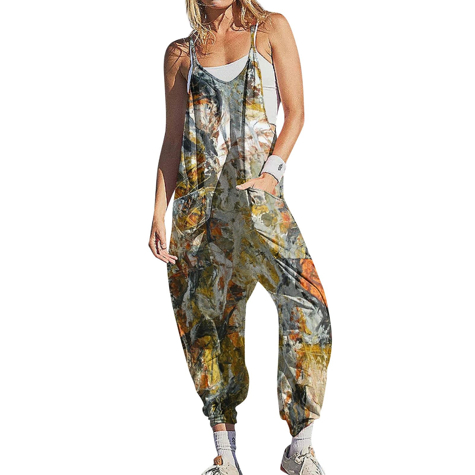 GDfun Women's Casual Loose Sleeveless Wide Leg Jumpsuit Abstract Color