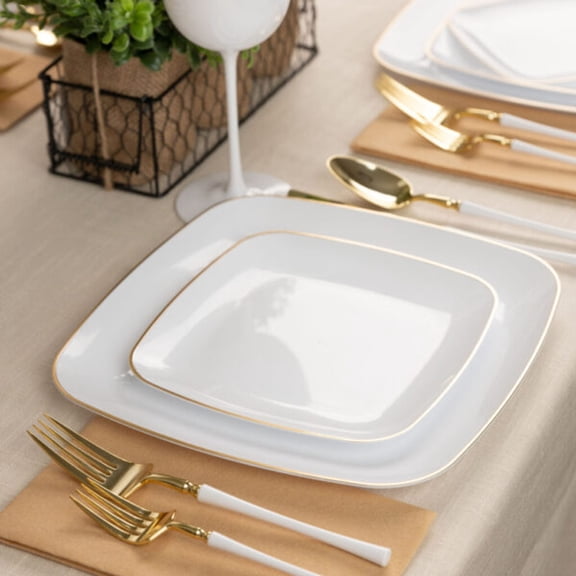 Organic Square Plastic Plates White/Gold Rim Combo 7.25" & 10" 128 Count